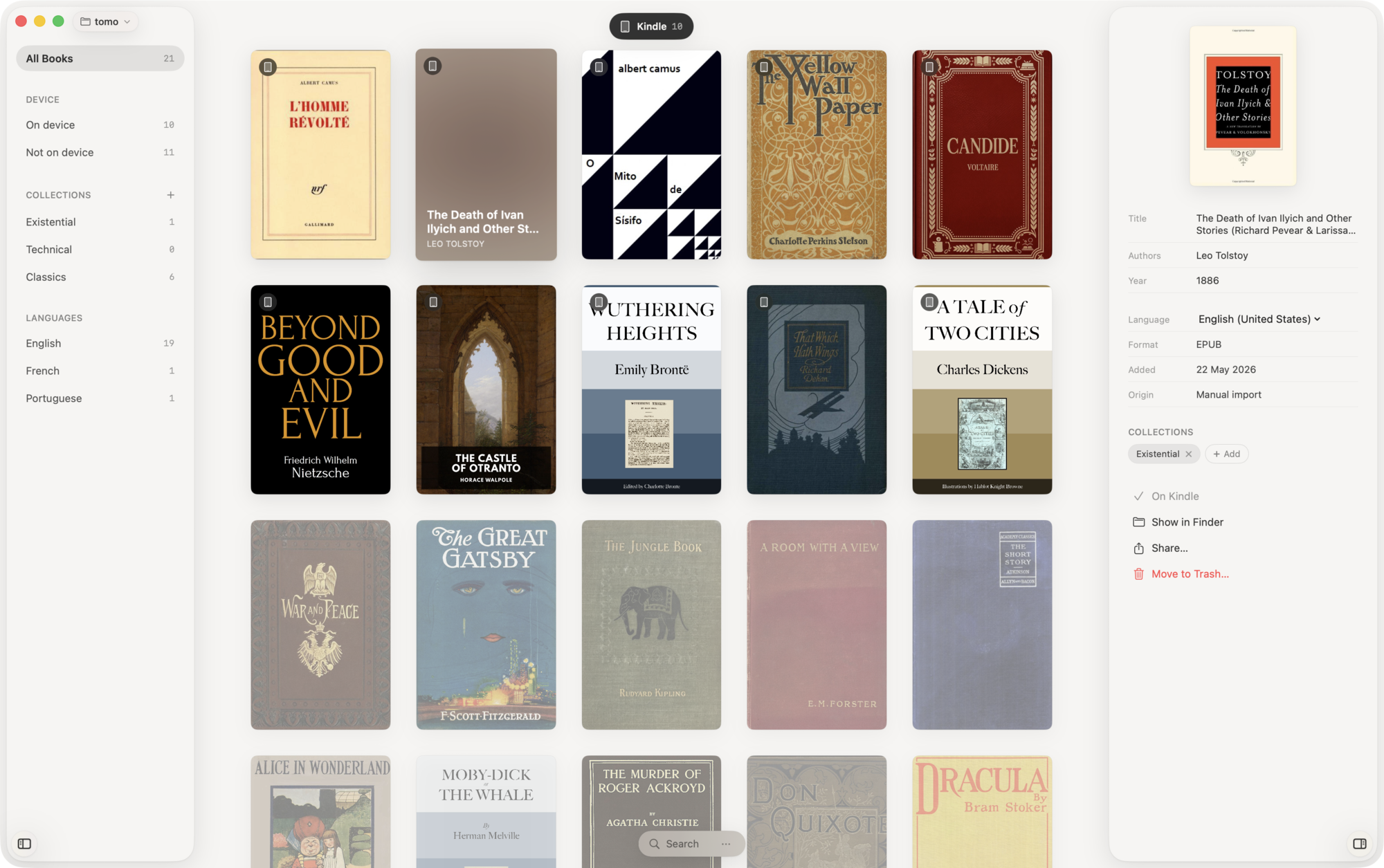 Tomo's library window — book grid, sidebar with collections and languages, inspector showing book details.